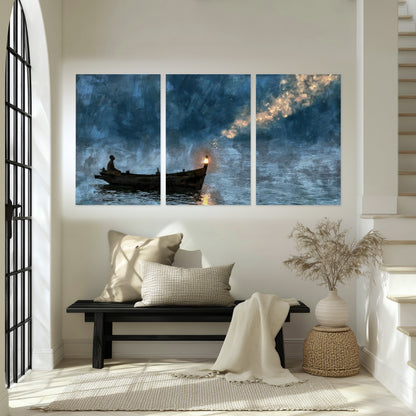 Night boat with lantern painting set of 3 poster prints in an entryway above a bench