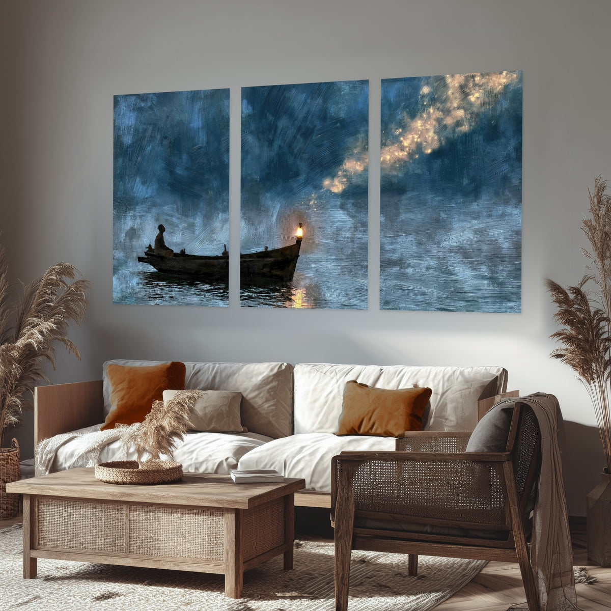 Night boat with lantern painting set of 3 poster prints in a rustic living room