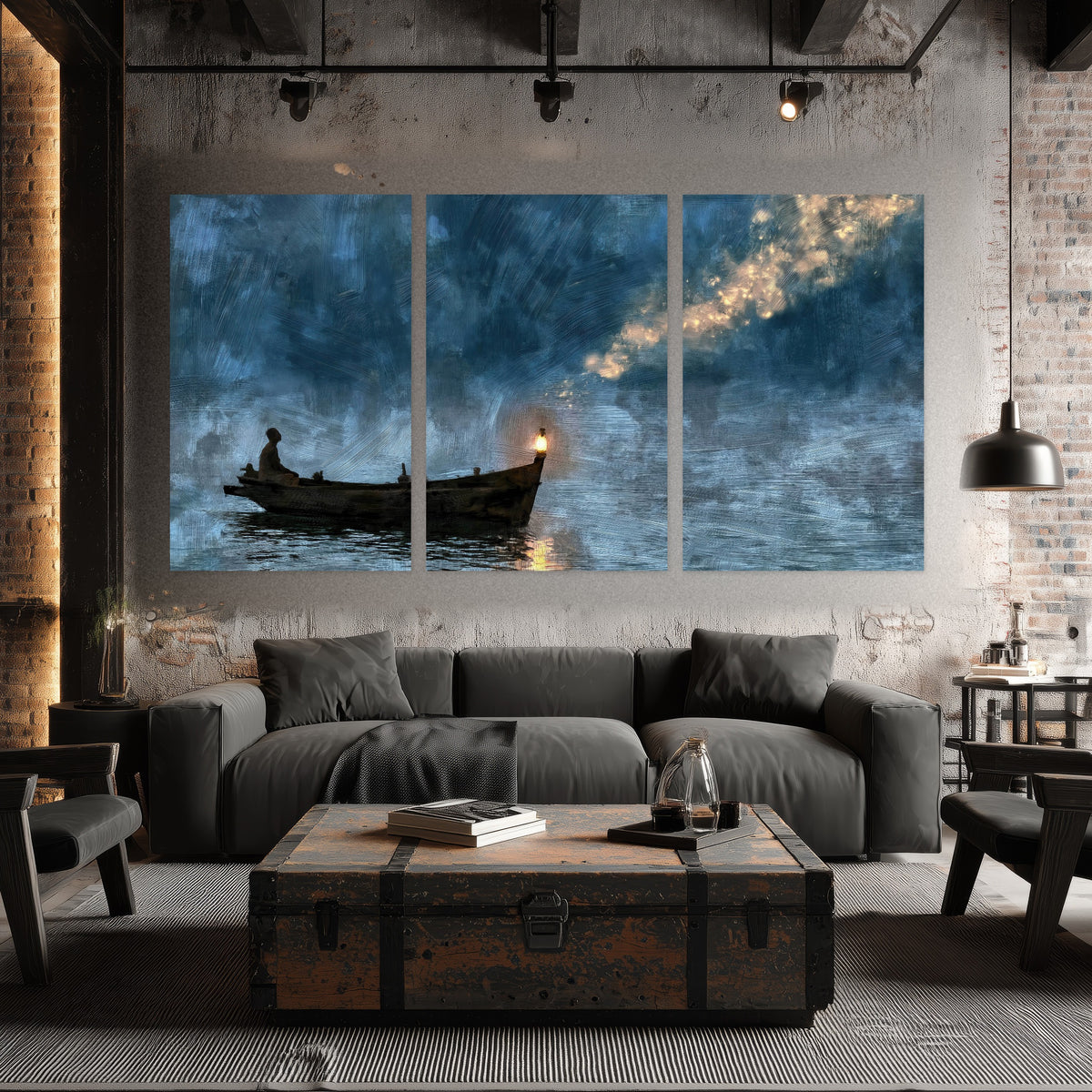 Night boat with lantern painting set of 3 poster prints in an industrial loft