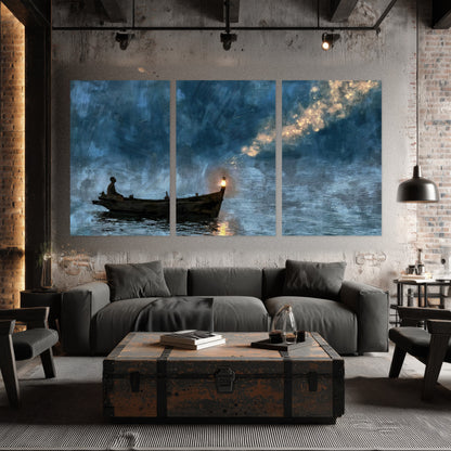 Night boat with lantern painting set of 3 poster prints in an industrial loft