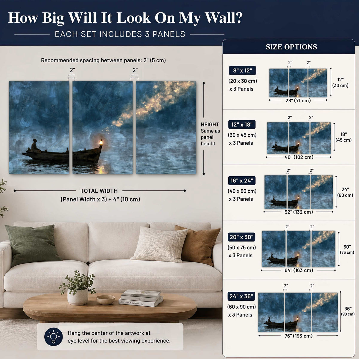 Night boat with lantern painting set of 3 poster prints size guide above a sofa