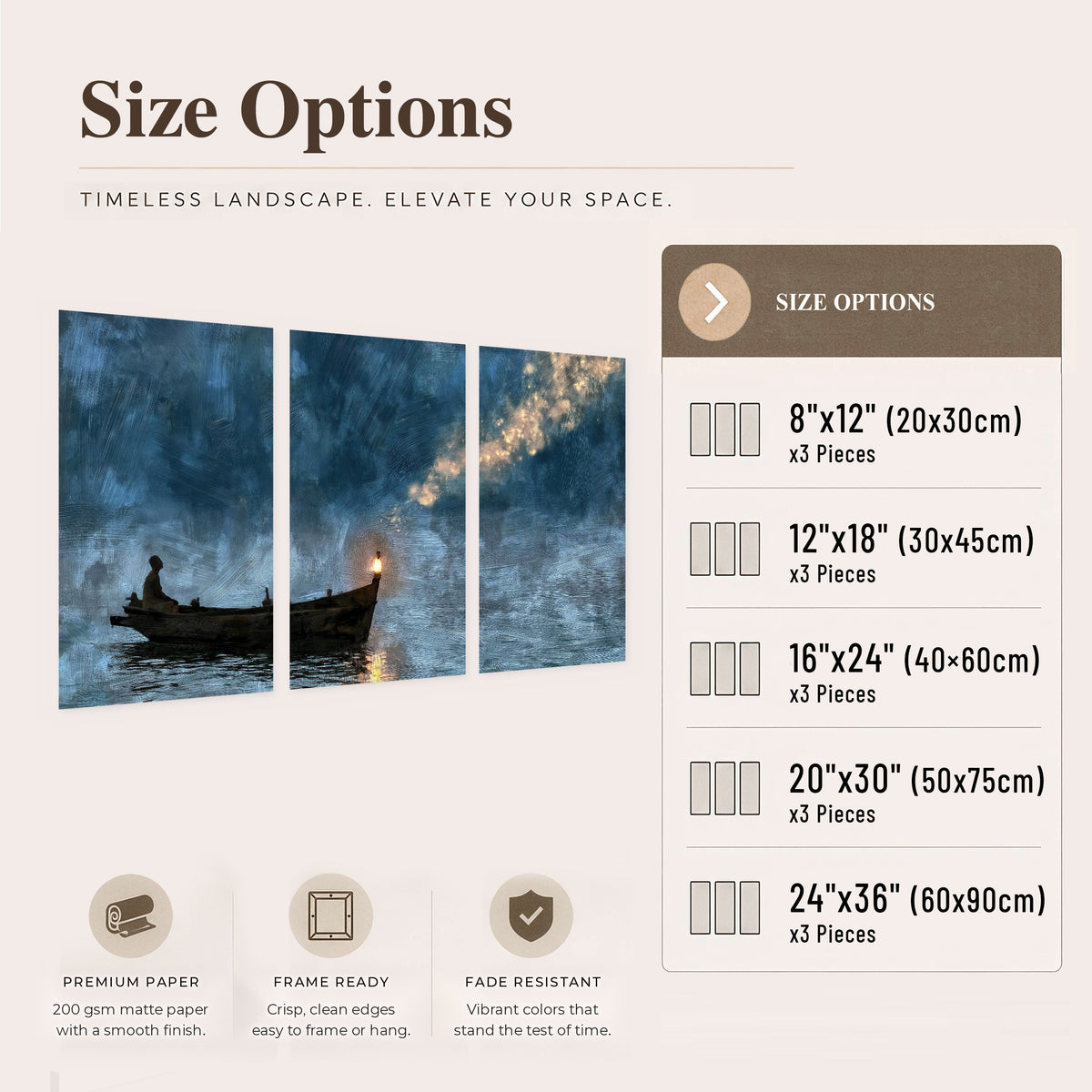 Night boat with lantern painting set of 3 poster prints size options