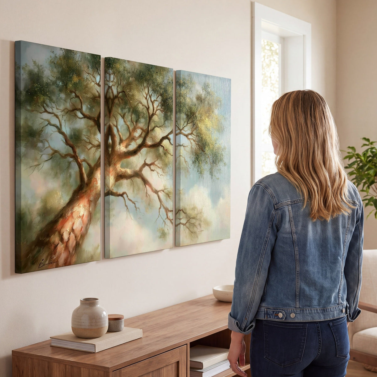 Majestic tree canopy painting 3 piece canvas wall art in a living room