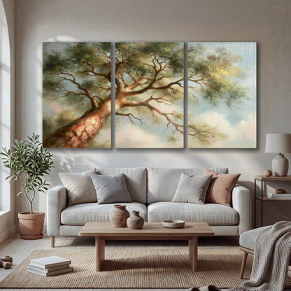 Majestic tree canopy painting 3 piece canvas wall art in a bright living room