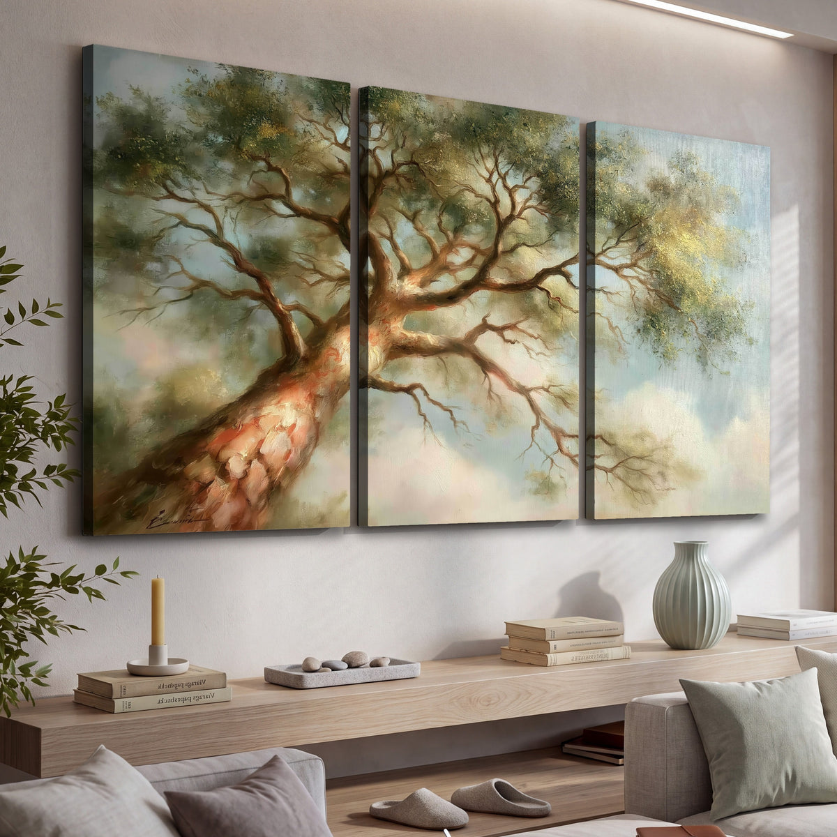 Majestic tree canopy painting 3 piece canvas wall art in a living room above a console