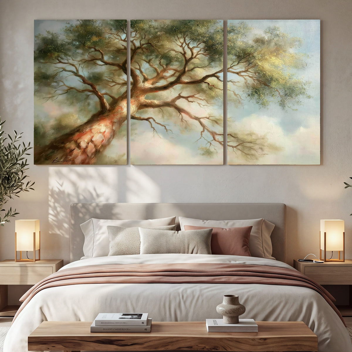 Majestic tree canopy painting 3 piece canvas wall art in a bedroom above the bed