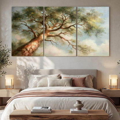 Majestic tree canopy painting 3 piece canvas wall art in a bedroom above the bed