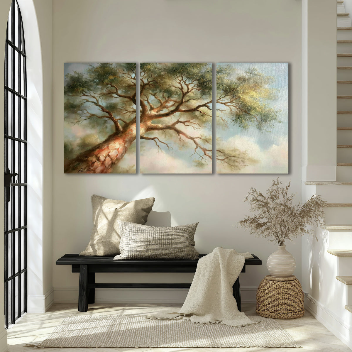 Majestic tree canopy painting 3 piece canvas wall art in an entryway above a bench