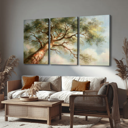 Majestic tree canopy painting 3 piece canvas wall art in a rustic living room