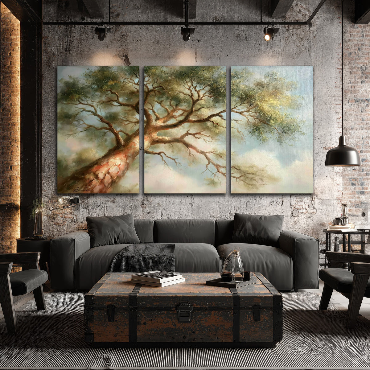 Majestic tree canopy painting 3 piece canvas wall art in an industrial loft