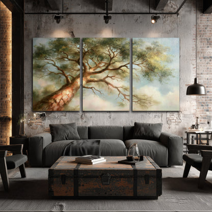 Majestic tree canopy painting 3 piece canvas wall art in an industrial loft