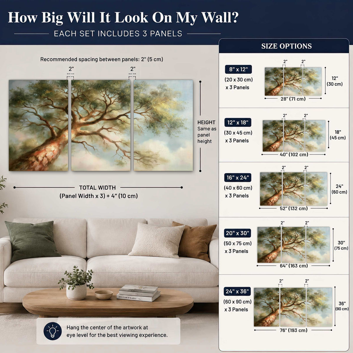 Majestic tree canopy painting 3 piece canvas wall art size guide above a sofa