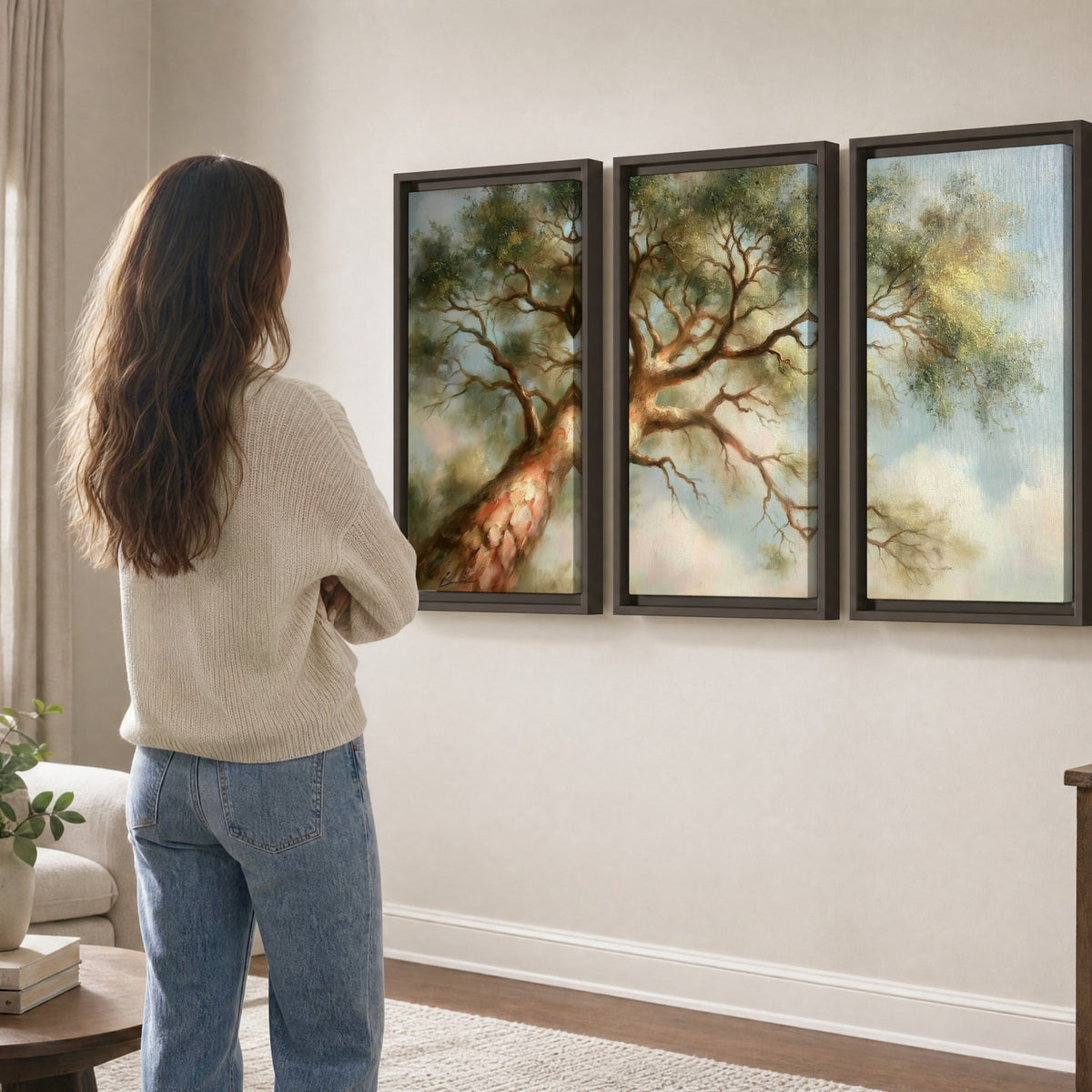 Majestic tree canopy painting 3 piece framed canvas in a living room
