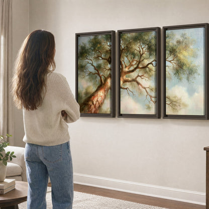 Majestic tree canopy painting 3 piece framed canvas in a living room