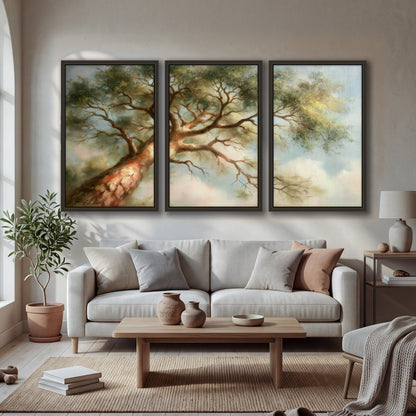 Majestic tree canopy painting 3 piece framed canvas in a bright living room