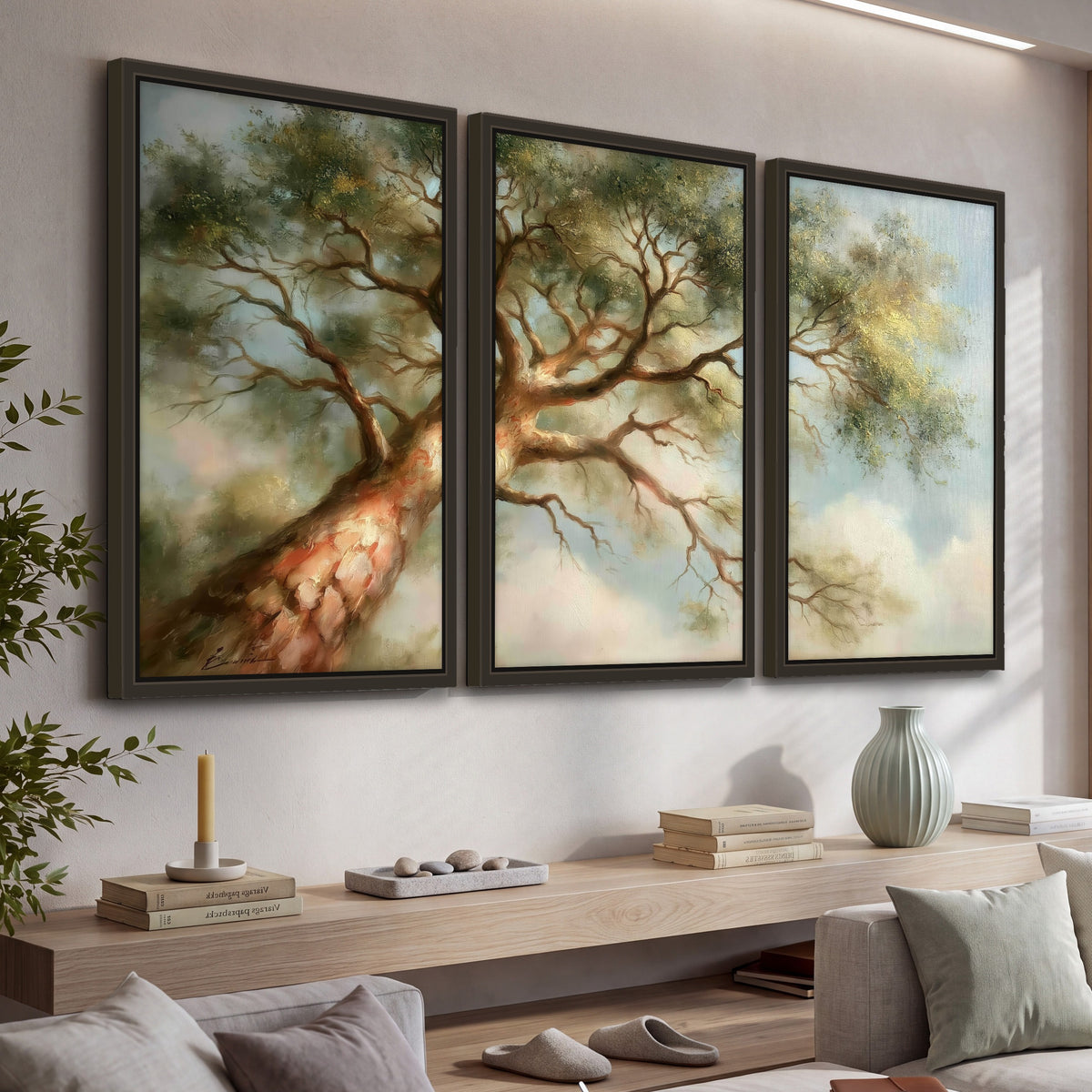 Majestic tree canopy painting 3 piece framed canvas in a living room above a console