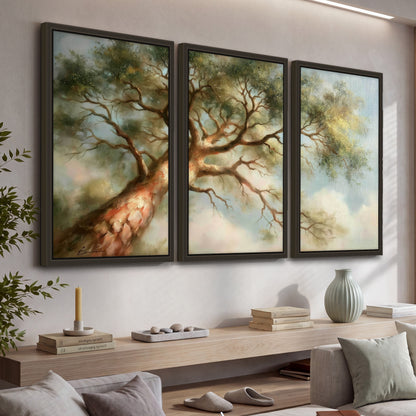 Majestic tree canopy painting 3 piece framed canvas in a living room above a console