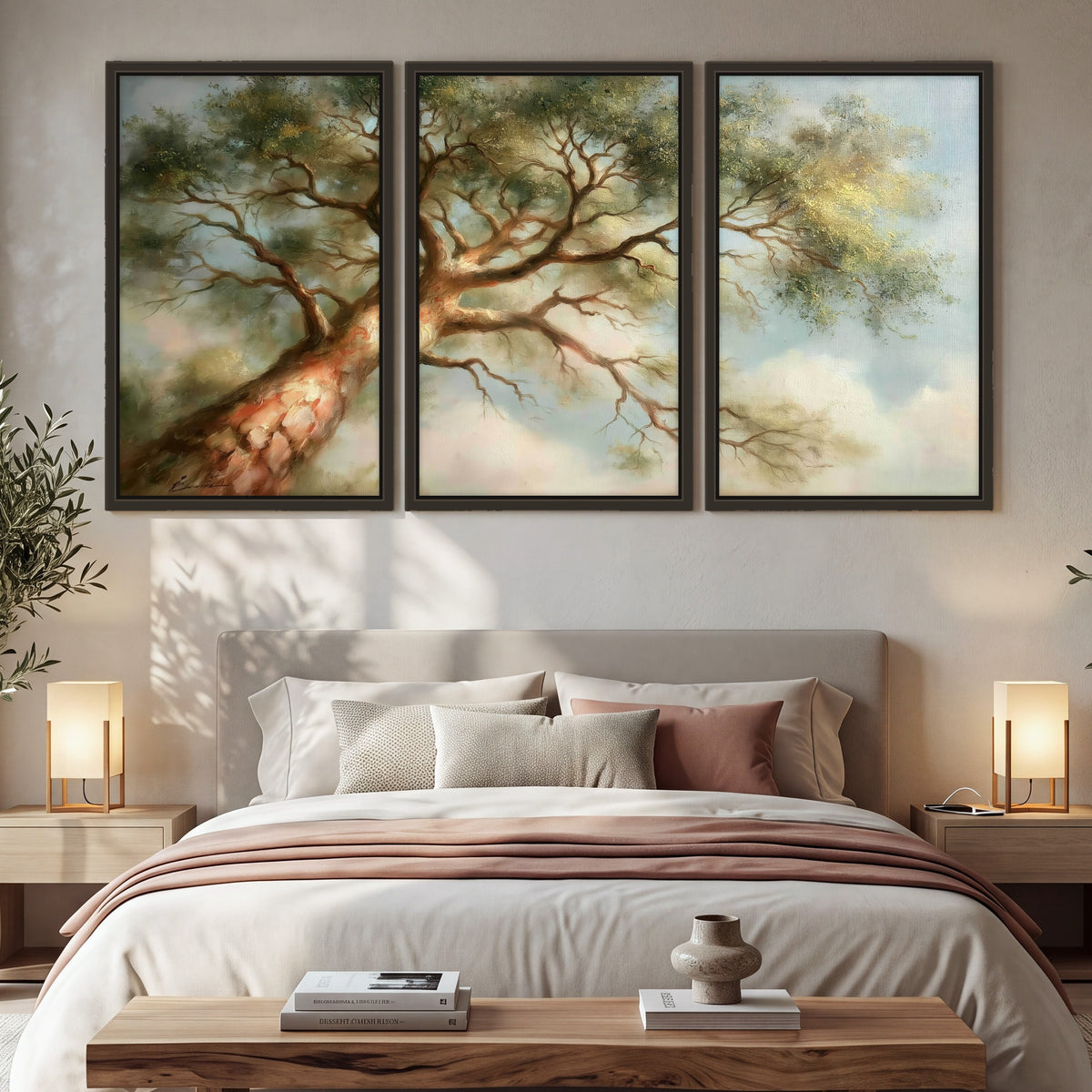 Majestic tree canopy painting 3 piece framed canvas in a bedroom above the bed