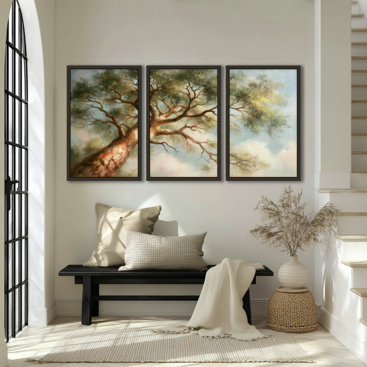 Majestic tree canopy painting 3 piece framed canvas in an entryway above a bench