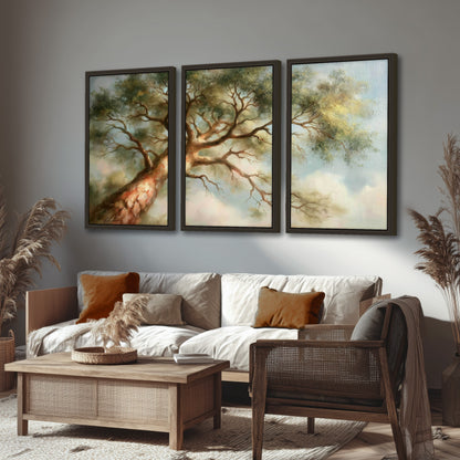 Majestic tree canopy painting 3 piece framed canvas in a rustic living room