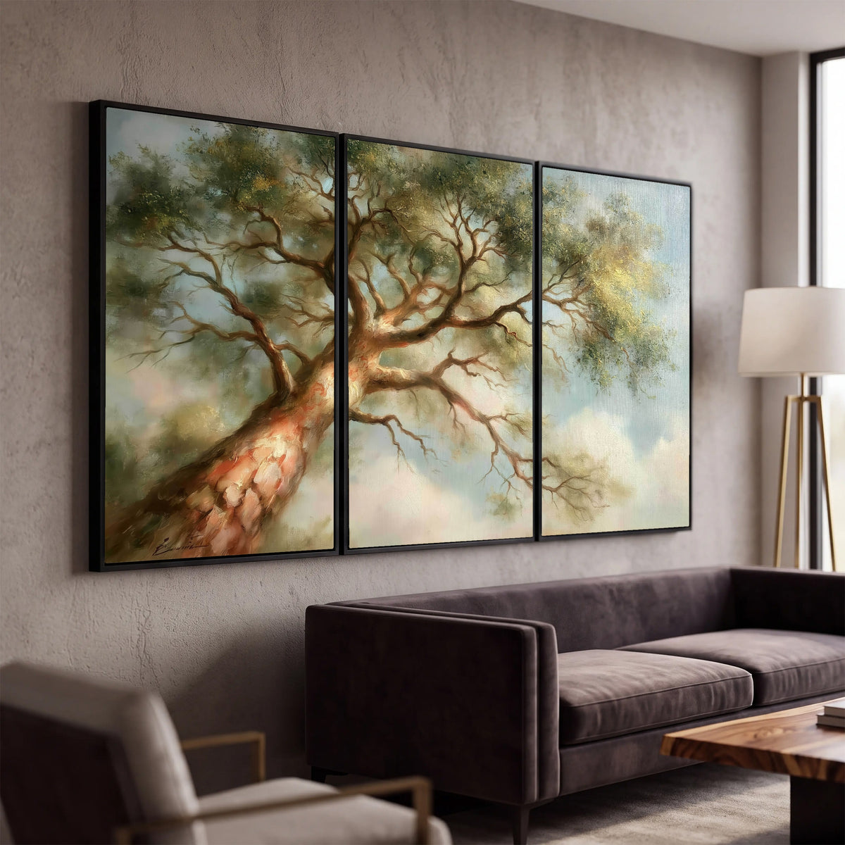 Majestic tree canopy painting 3 piece framed canvas in a modern living room