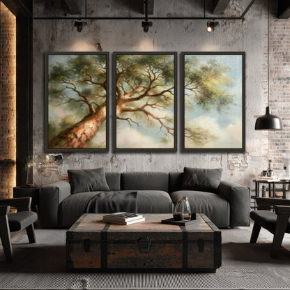 Majestic tree canopy painting 3 piece framed canvas in an industrial loft