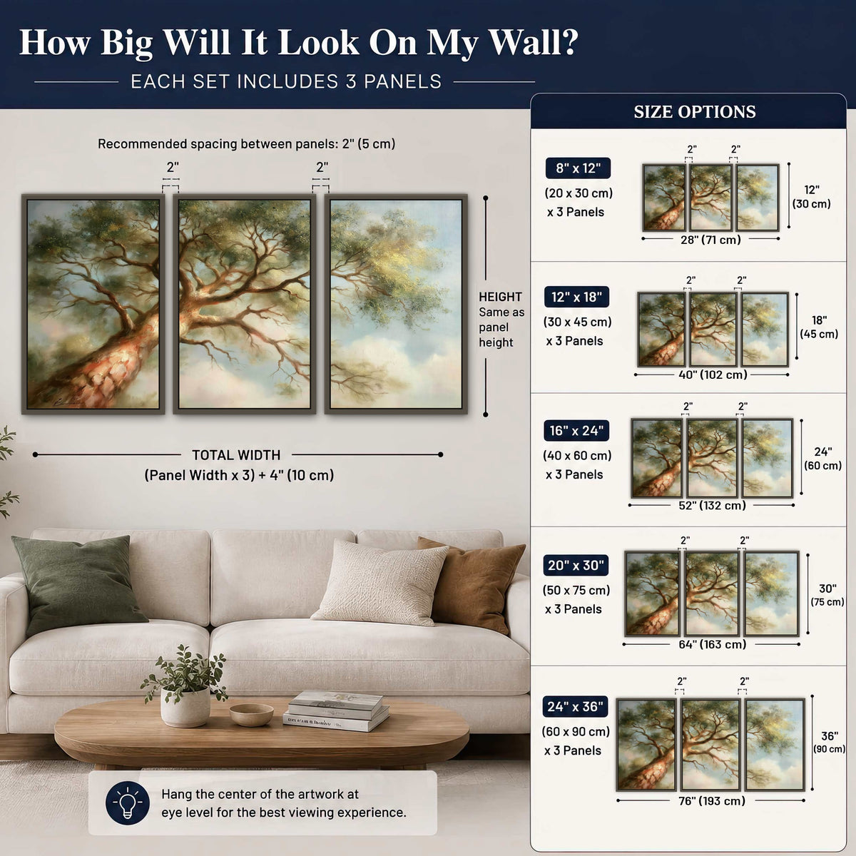 Majestic tree canopy painting 3 piece framed canvas size guide above a sofa