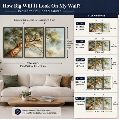 Majestic tree canopy painting 3 piece framed canvas size guide above a sofa