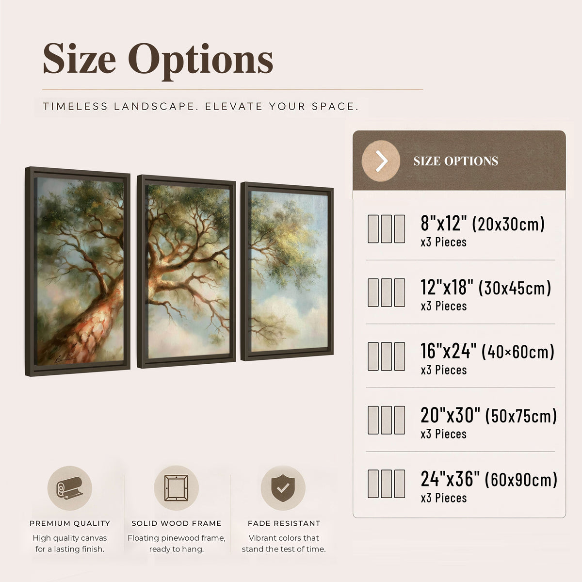 Majestic tree canopy painting 3 piece framed canvas size options