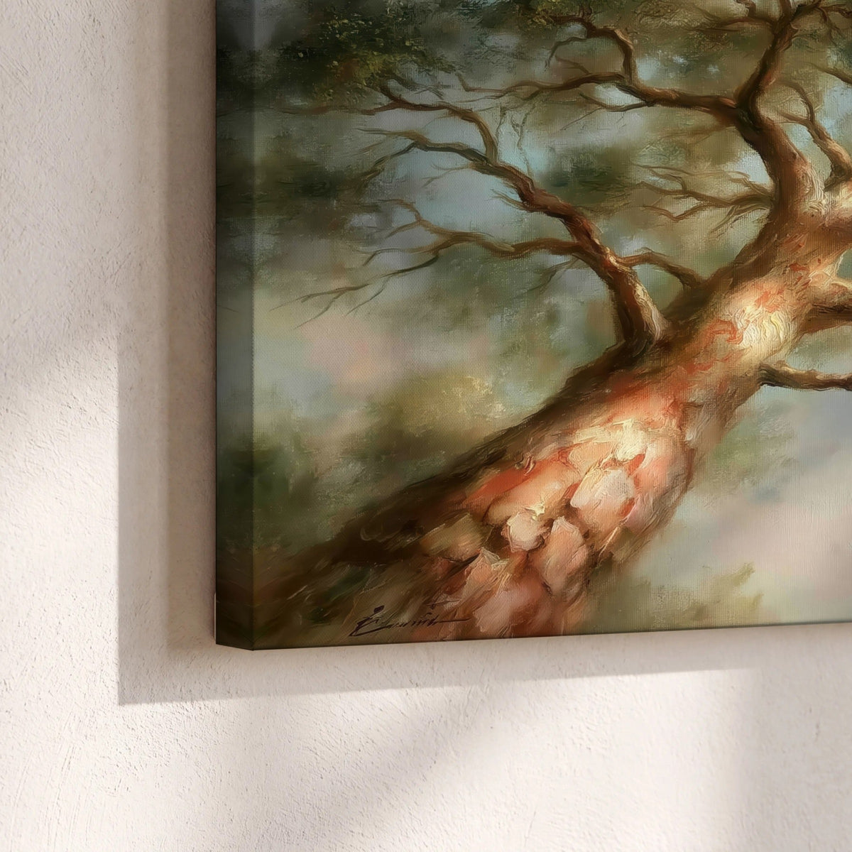 Majestic tree canopy painting canvas print close-up showing the gallery-wrapped edge