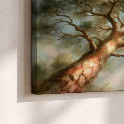 Majestic tree canopy painting canvas print close-up showing the gallery-wrapped edge