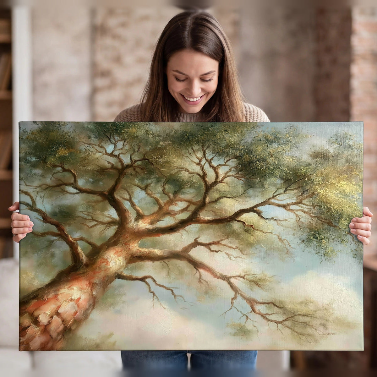 Majestic tree canopy painting canvas wall art held in hands
