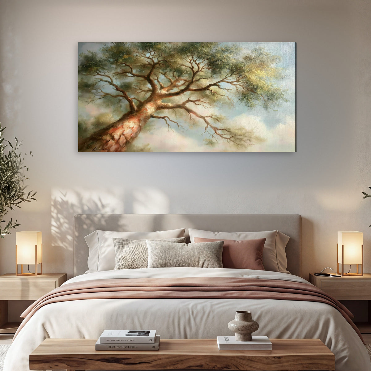 Majestic tree canopy painting canvas wall art in a bedroom above the bed