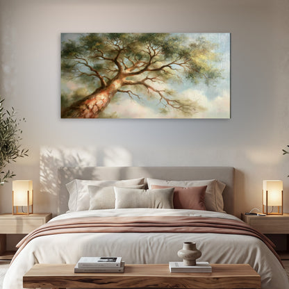 Majestic tree canopy painting canvas wall art in a bedroom above the bed