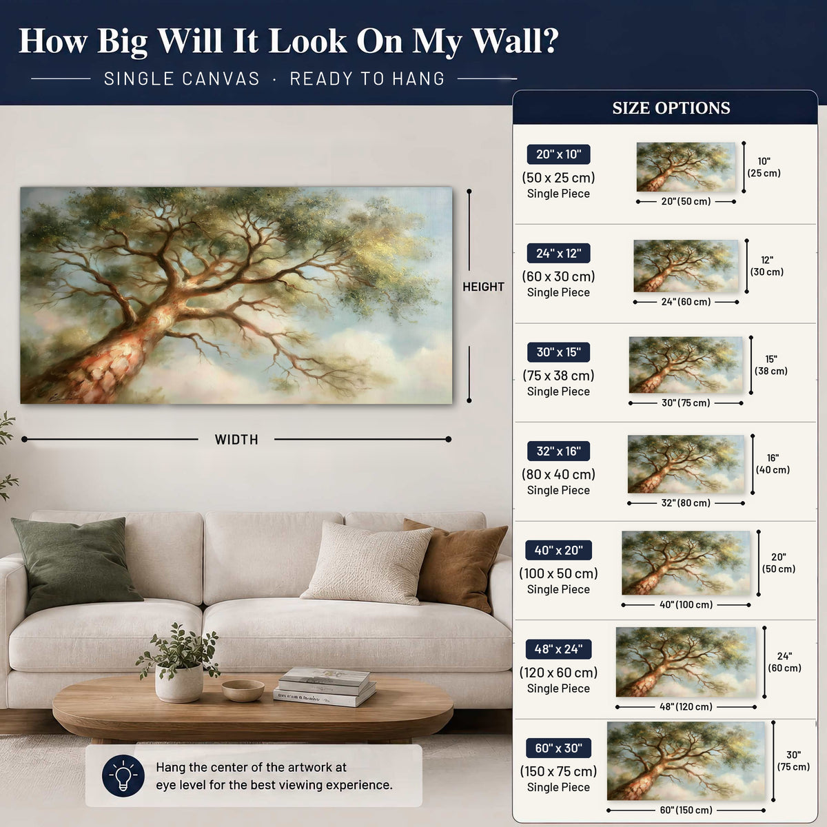 Majestic tree canopy painting canvas wall art size guide above a sofa