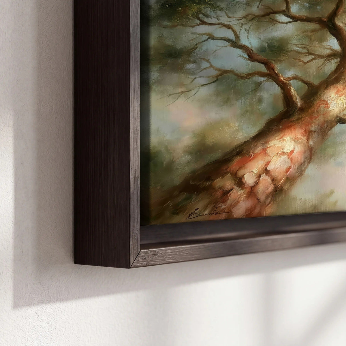 Majestic tree canopy painting framed canvas close-up showing the floating frame