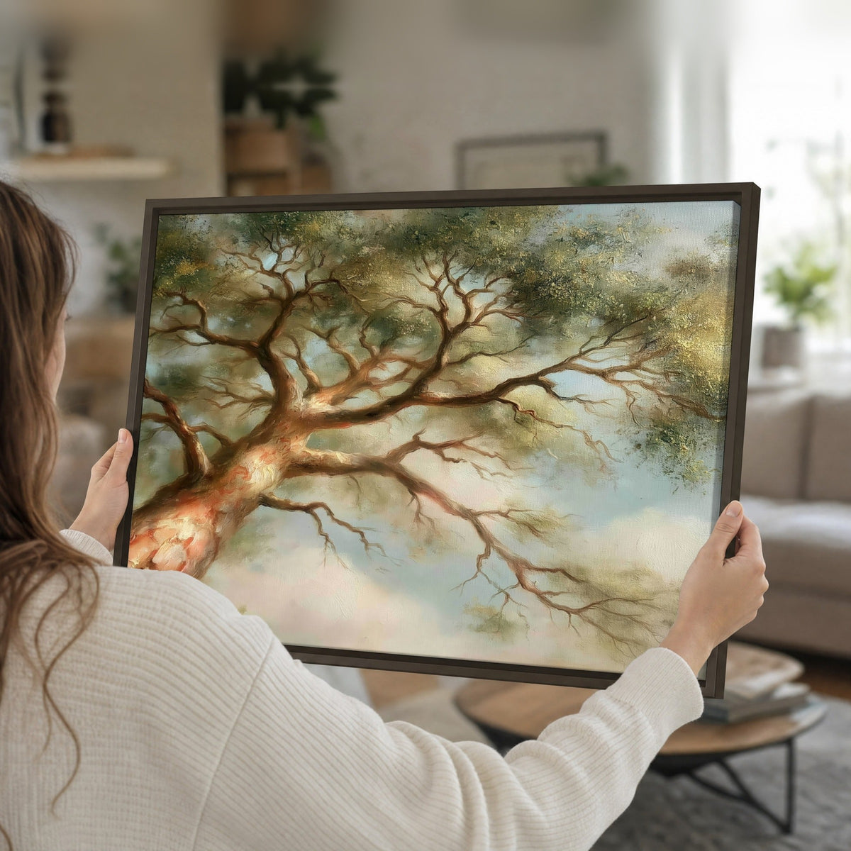 Majestic tree canopy painting framed canvas held in hands