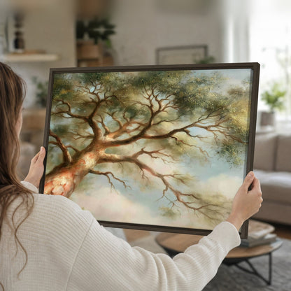 Majestic tree canopy painting framed canvas held in hands