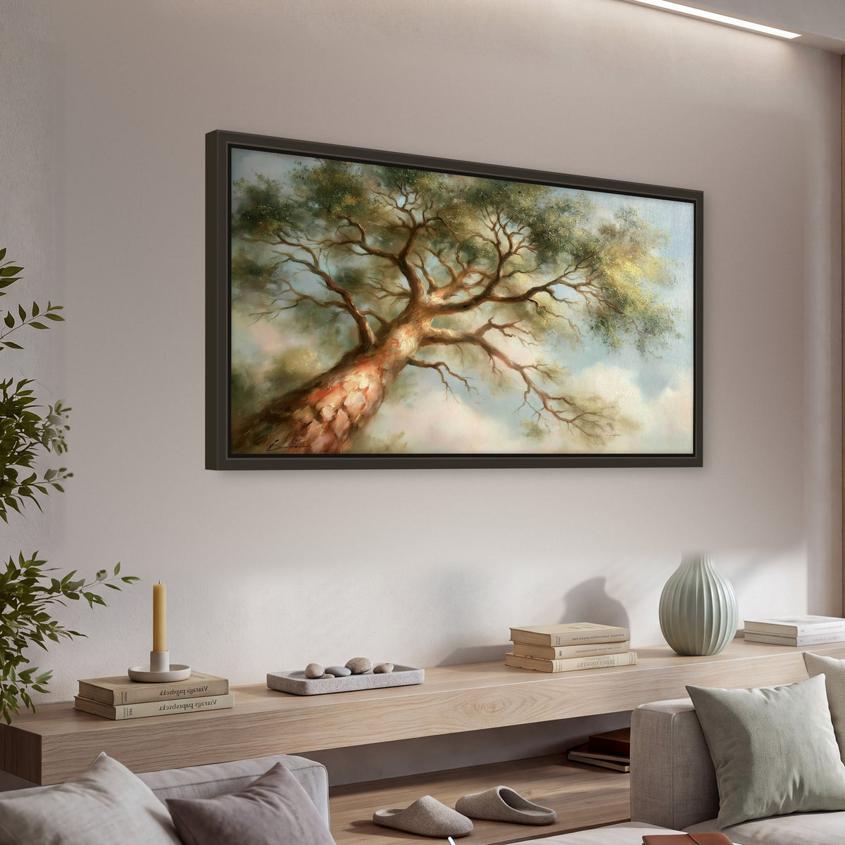 Majestic tree canopy painting framed canvas wall art in a living room above a console