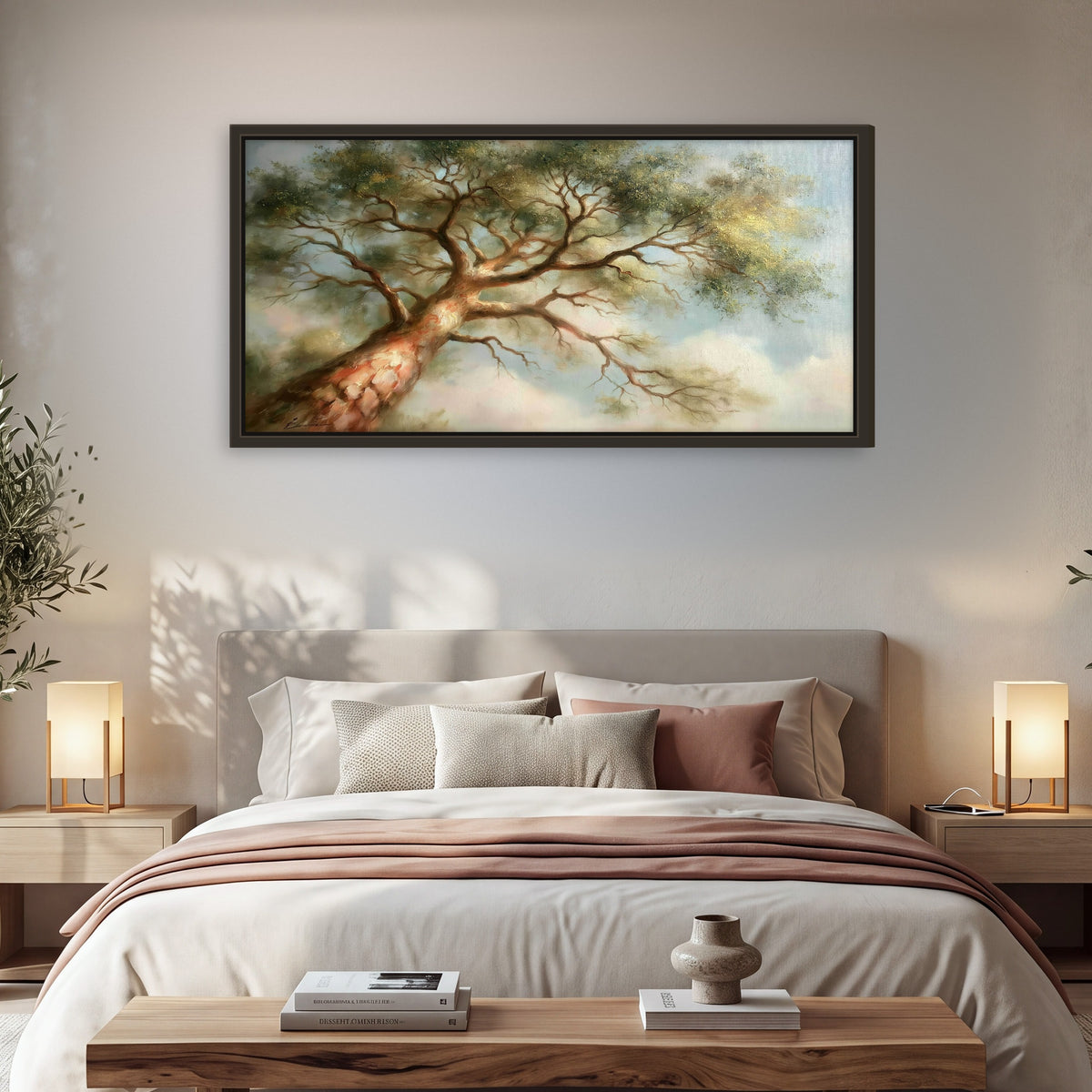 Majestic tree canopy painting framed canvas wall art in a bedroom above the bed