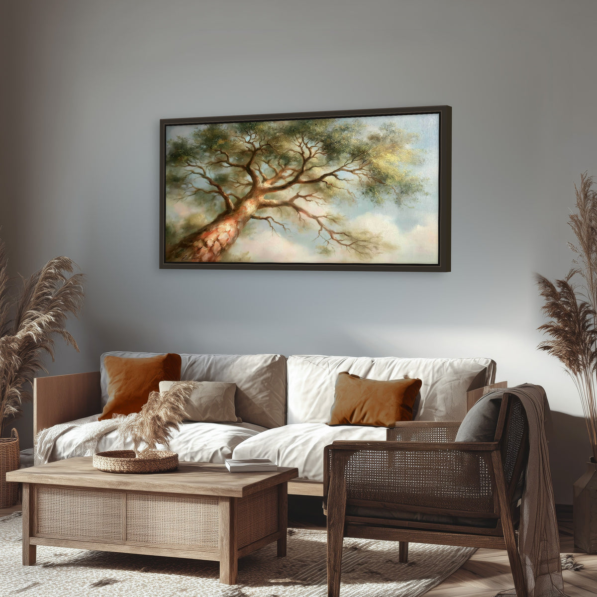 Majestic tree canopy painting framed canvas wall art in a rustic living room