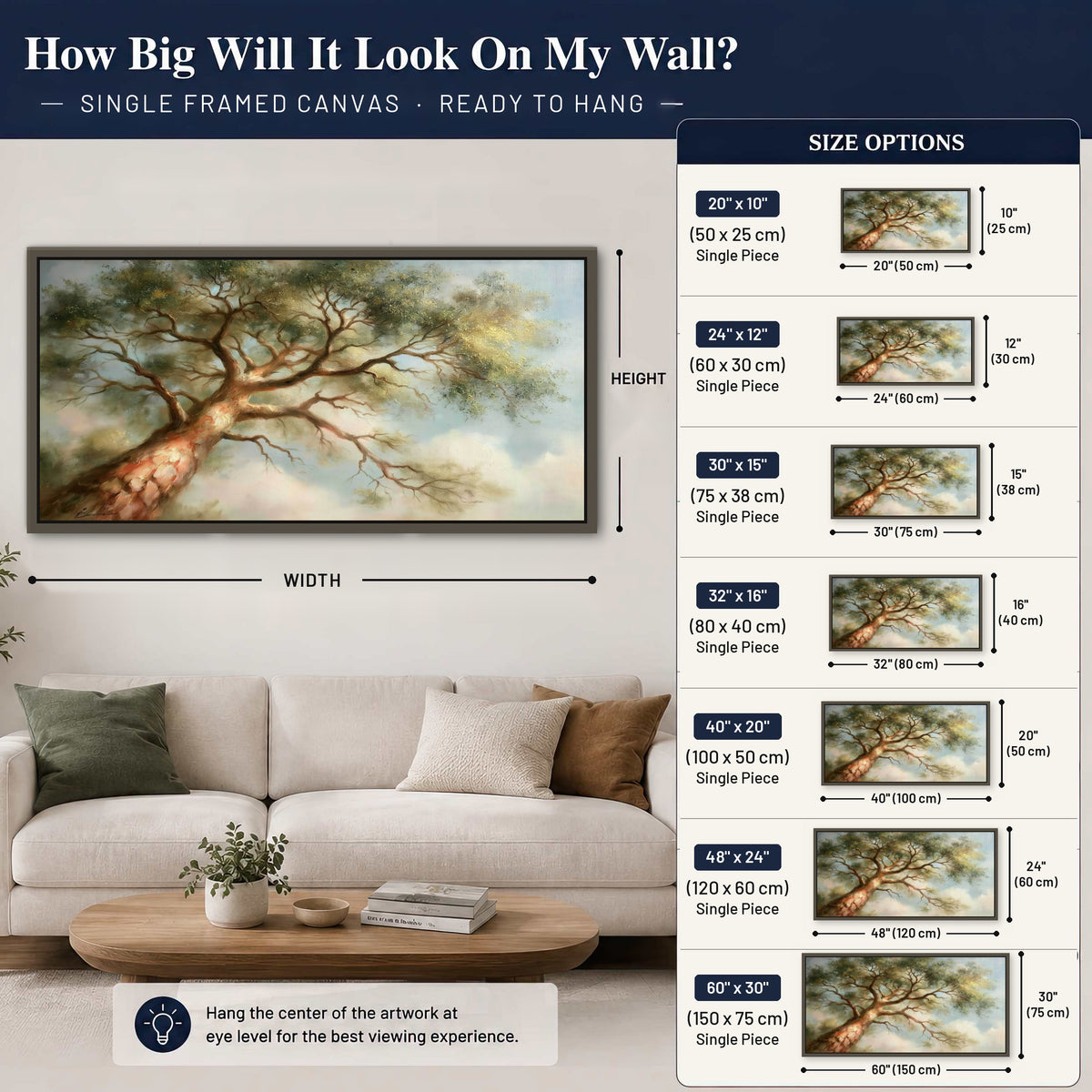 Majestic tree canopy painting framed canvas wall art size guide above a sofa