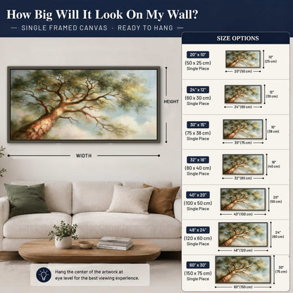 Majestic tree canopy painting framed canvas wall art size guide above a sofa