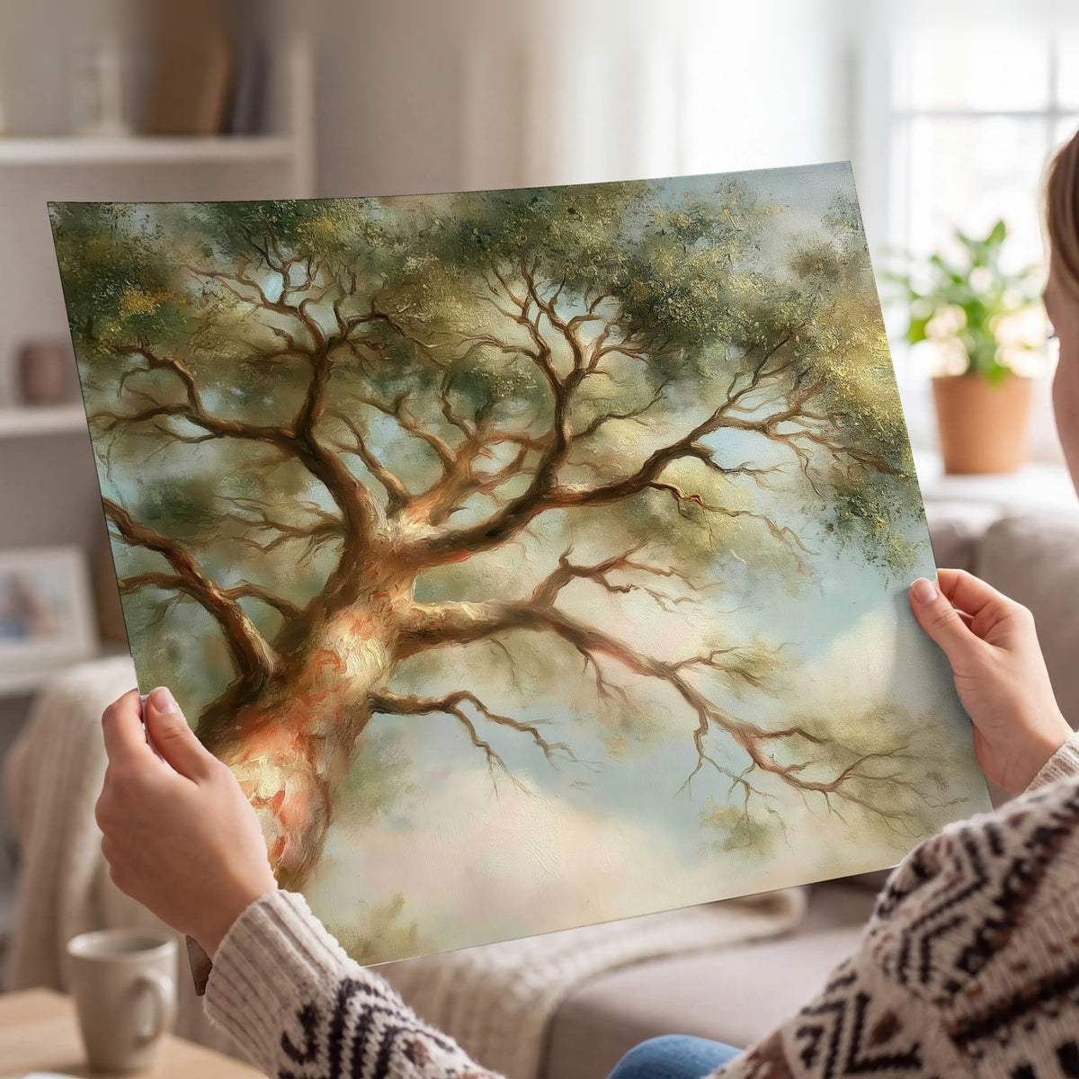 Majestic tree canopy painting poster print held in hands