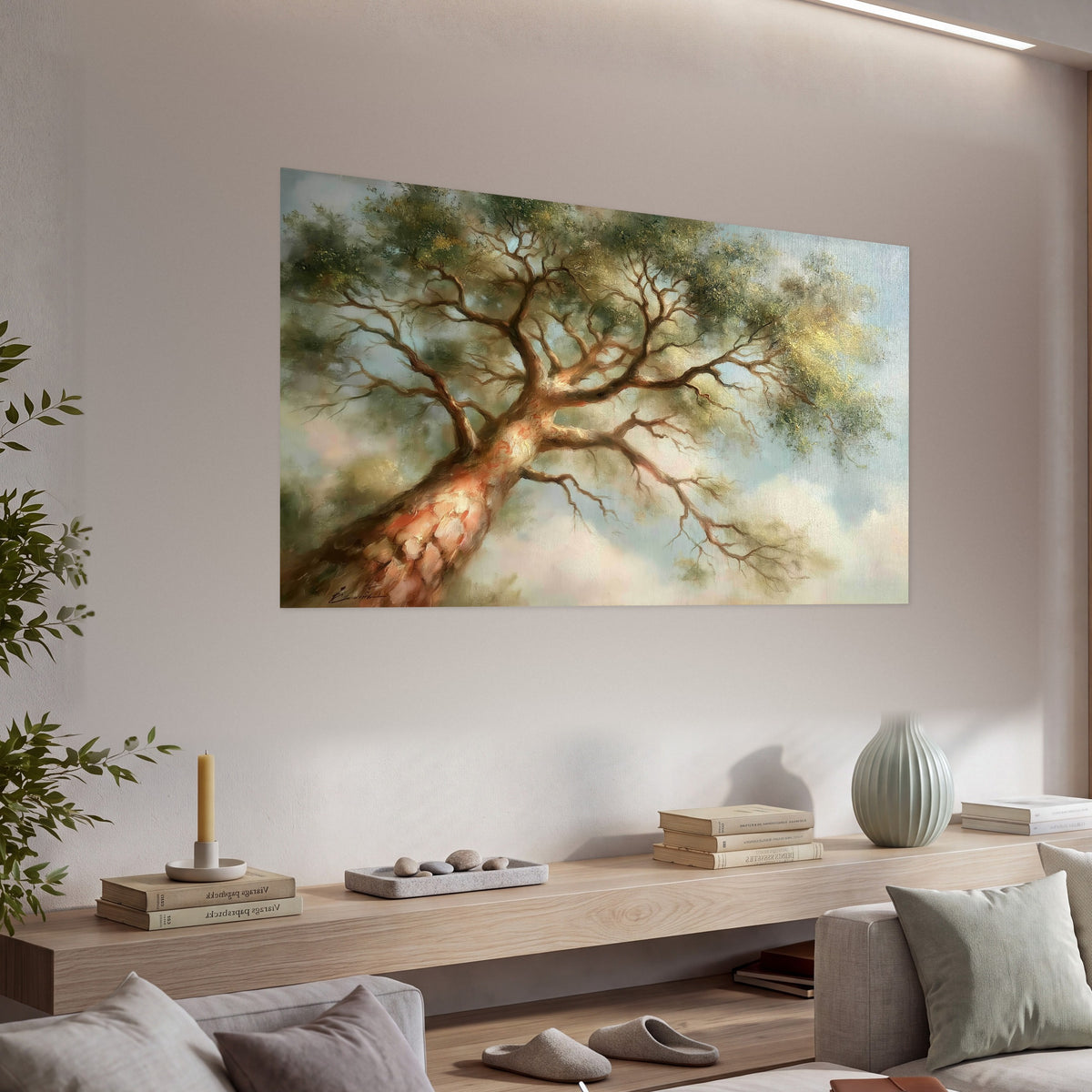 Majestic tree canopy painting poster print in a living room above a console