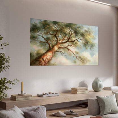 Majestic tree canopy painting poster print in a living room above a console