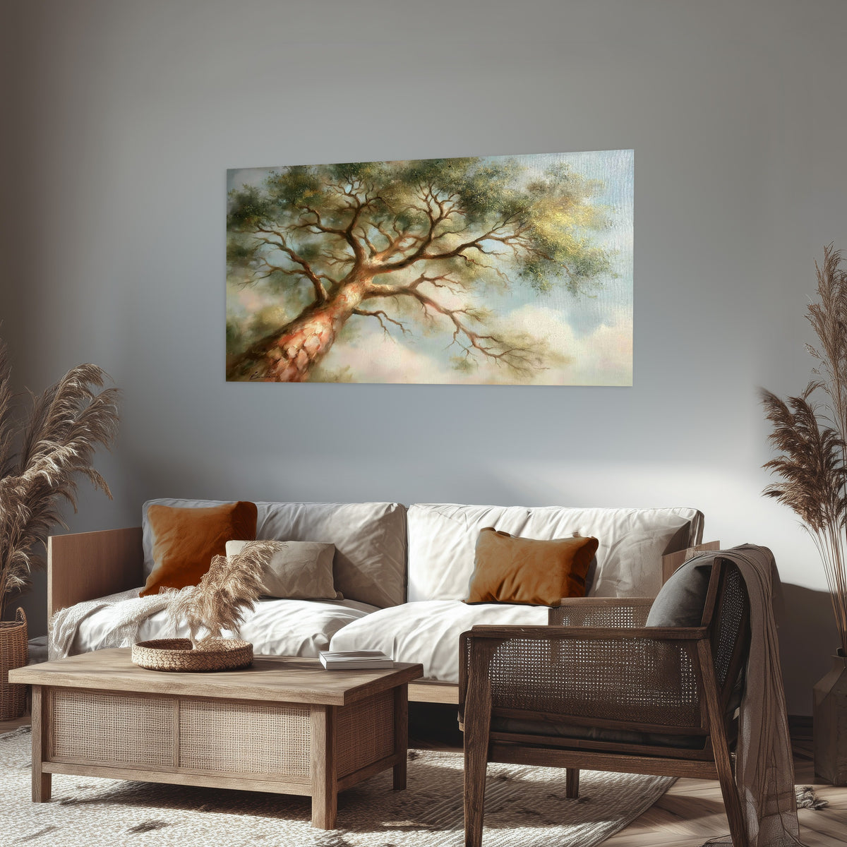 Majestic tree canopy painting poster print in a rustic living room