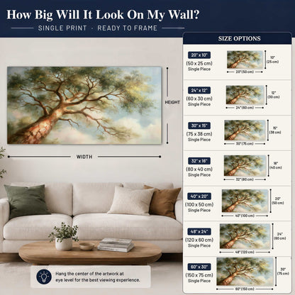 Majestic tree canopy painting poster print size guide above a sofa