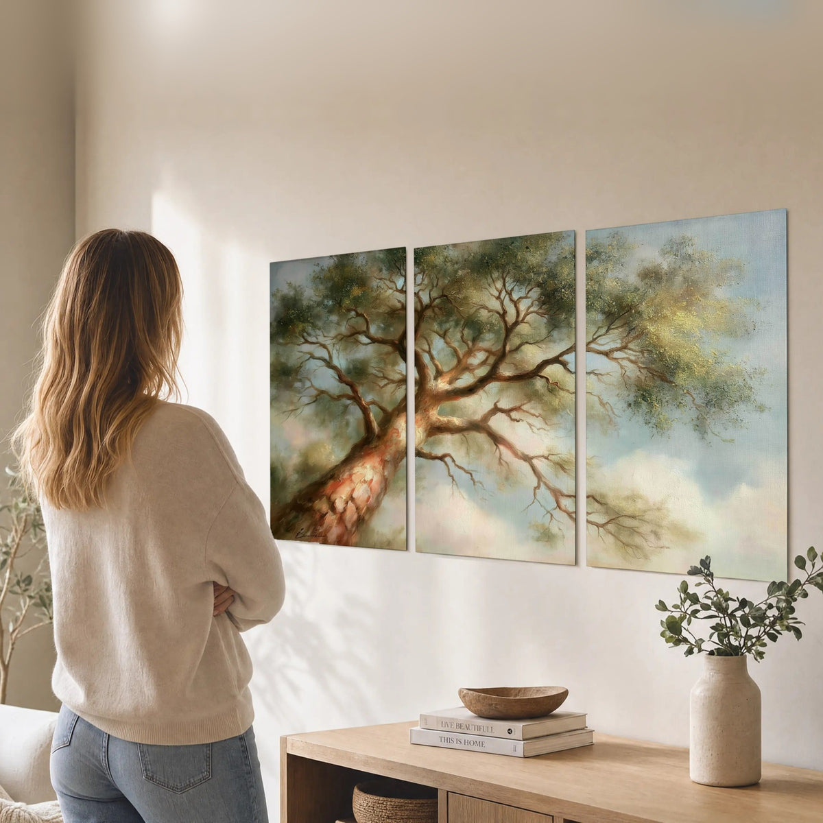 Majestic tree canopy painting set of 3 poster prints in a living room