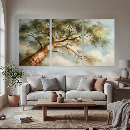 Majestic tree canopy painting set of 3 poster prints in a bright living room